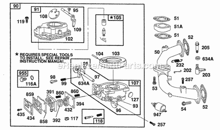 Carburetor AssemblyManifold Diagram and Parts List for 402707-1116-01  Briggs and Stratton Engine